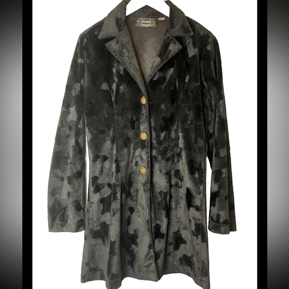 Vintage 90s Selene Sport Faux Fur Velvet Black Jacket Coat Small